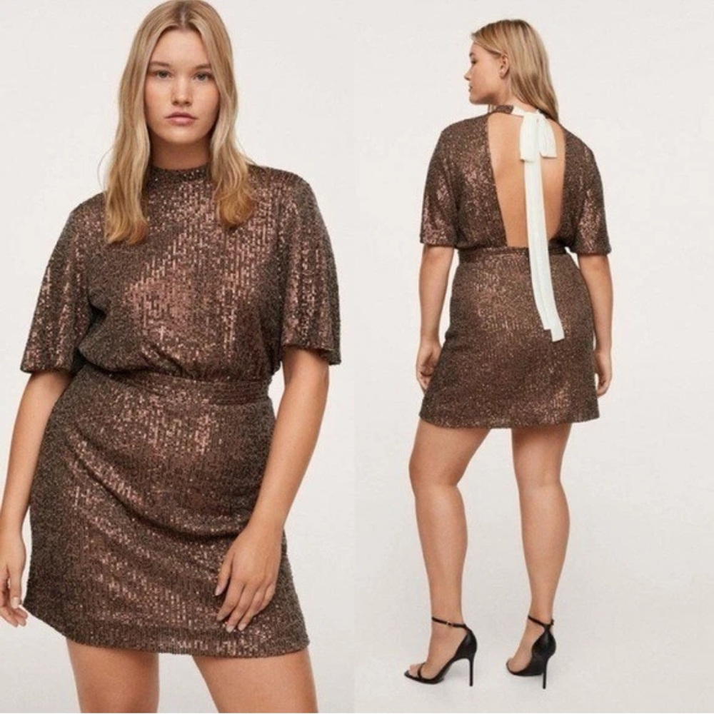 MNG MANGO ALL OVER SEQUENCE GOLD TIE BACK PARTY DRESS SZ- 4XL (22) Plus Size